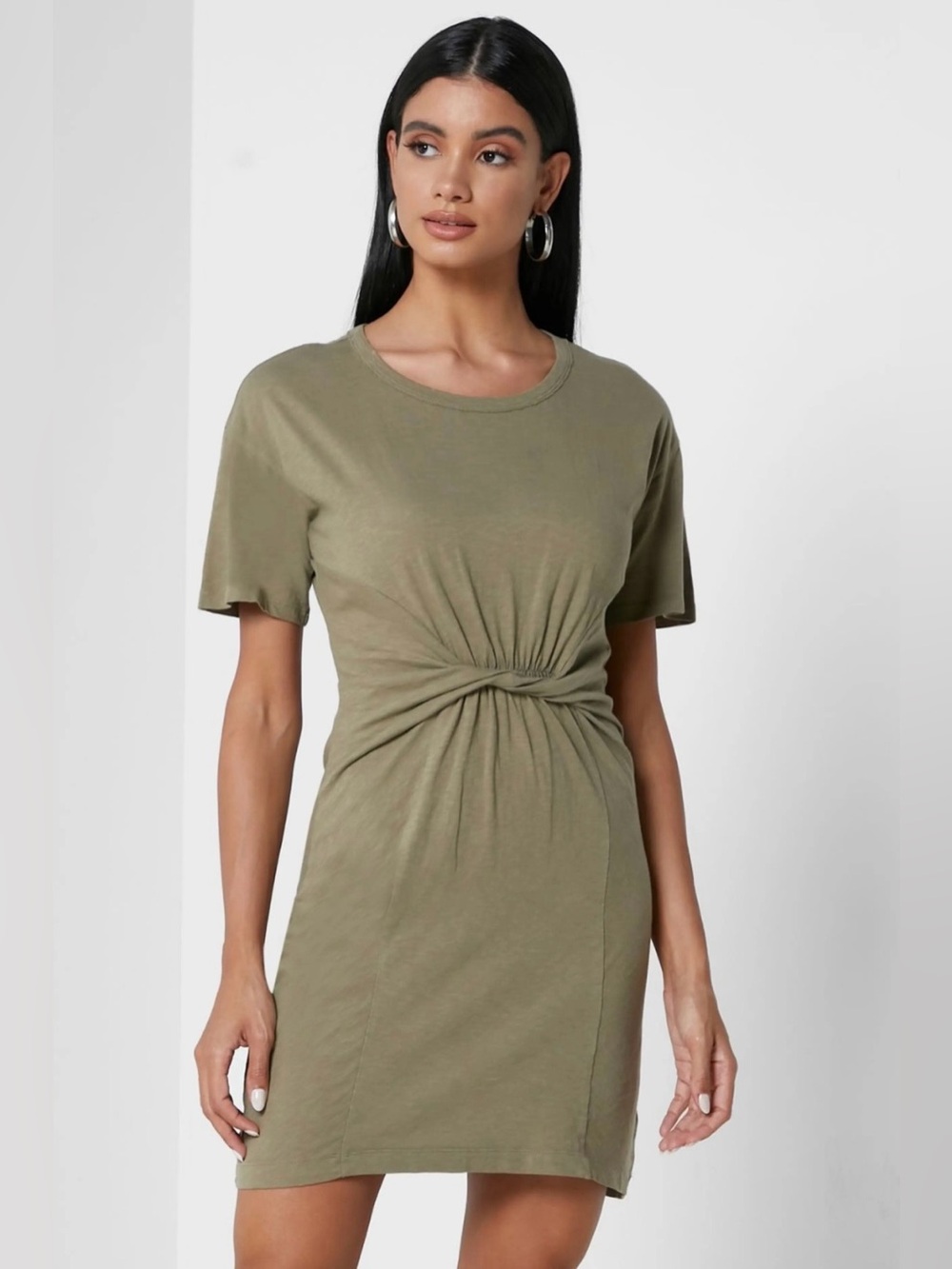 Aerie Women's SMALL Olive Green Twist Front Knot Short Sleeve T-Shirt Mini Dress